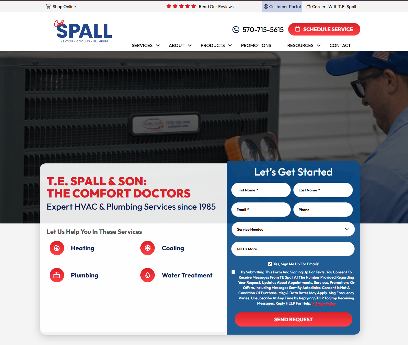T.E. Spall & Son website screenshot showing HVAC and plumbing services with a 'Let's Get Started' form.