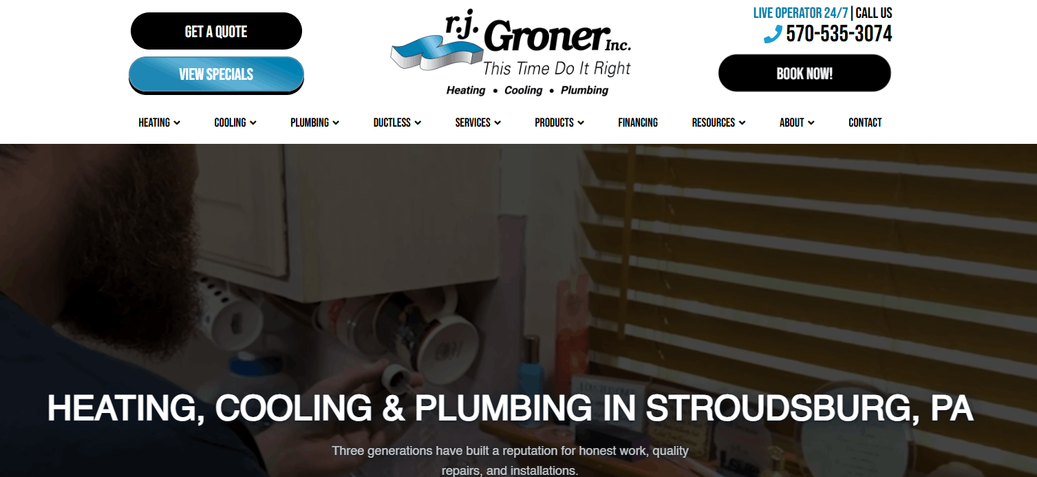 R.J. Groner company branding on a truck and website screenshot showing heating, cooling, and plumbing services, with contact information and call-to-action buttons.
